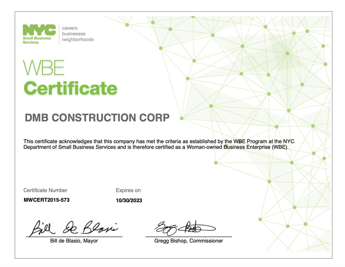 DMB Construction Group - Certificate